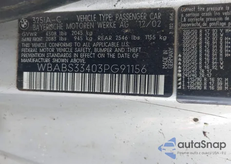 2003 BMW 325Ci из США, поврежденный, VIN WBABS33403PG91156